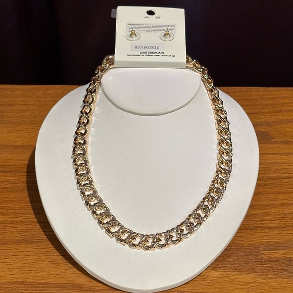 Gold & Rhinestone Cuban Flat Link Reversible Necklace & Earring Set, NWT - Picture 7 of 8